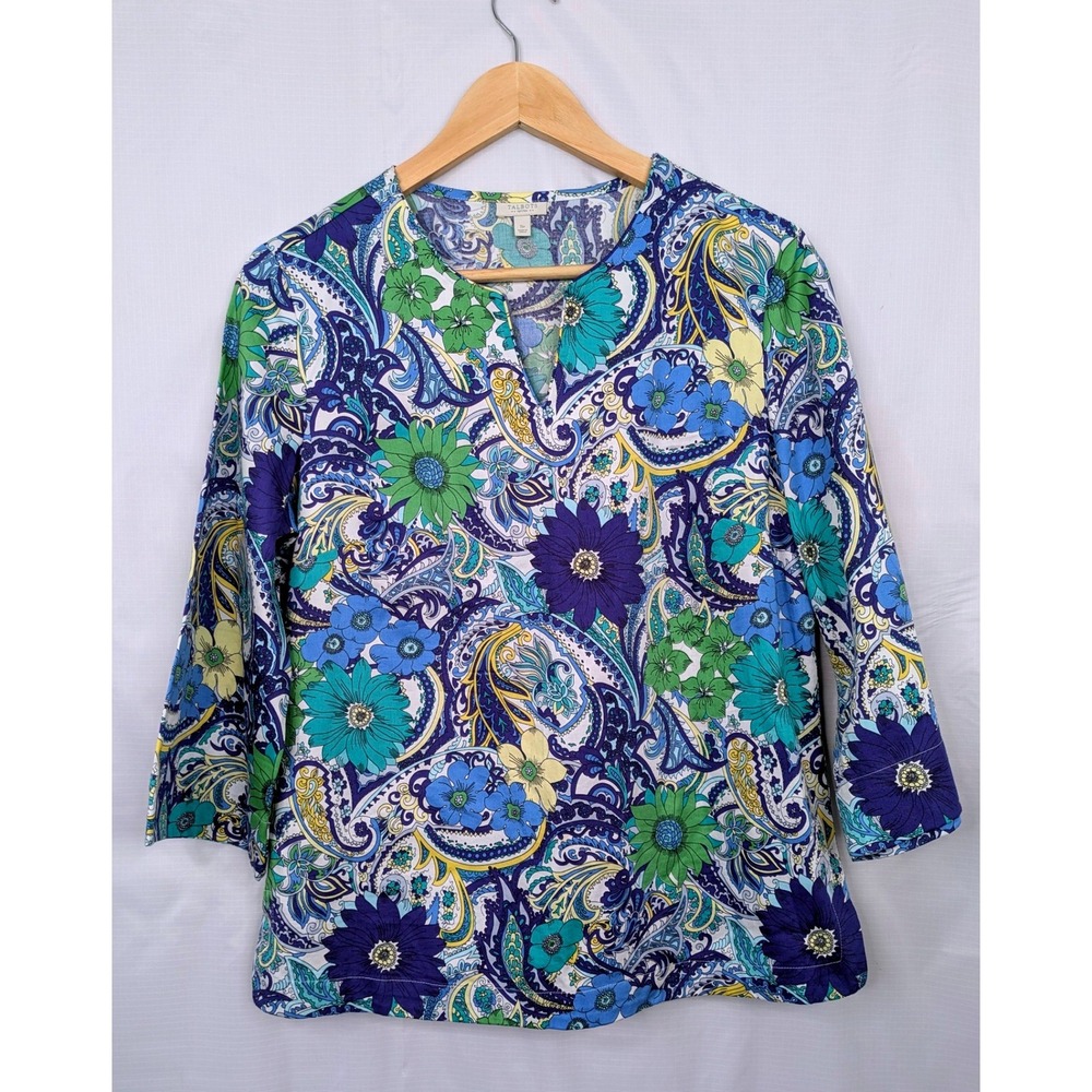 Talbots Petite Floral Paisley Top SP Blue Green 3/4 Sleeve Stretch Cotton